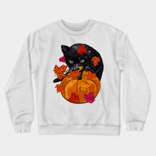 Pumpkin,maple leaf, black cat and falling autumn leaves Crewneck Sweatshirt